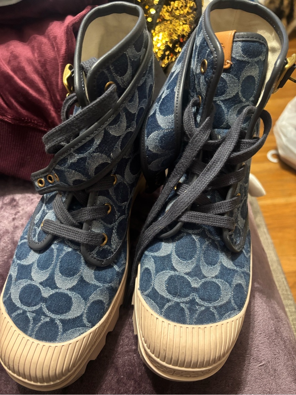 Coach White Canvas High-Top Sneakers with Navy Logo. Women’s size 9,5. Like new.